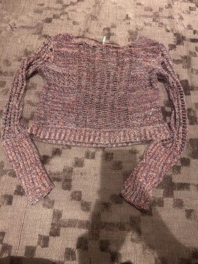 Free People Marled Cropped Crewneck Sweater - Pink, Purple, Cream